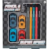 Smiggle - Super Yarış Kalem ve Silgi Seti Çocuk Okul Kırtasiye Araba Temalı Hediye Paketi - 1 Adet - Renkli