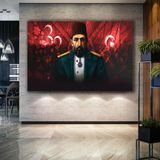 SML Tablo Abdülhamit Han Son Osmanlı Padişahı Dekor Türk Bayrağı Üç Hilal Kanvas Tablo - 100 x 70 cm - Beyaz