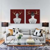 SML Tablo Altın Boynuzlu Kadın Gold Detaylar Bordo Modern Ikili Kombin 2li Kanvas Tablo - 2K 80X80