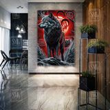SML Tablo Bozkurt Üç Hilal Göktürkçe Turan Gece Ay Işığı Boz Kurt Ülkücü Dikey Kanvas Tablo - 100 x 150 cm - Renkli