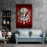 SML Tablo Gümüş İşlemeli Osmanlı Tuğrası Kırmızı Kanvas Tablo - 40 x 60 cm - Beyaz