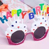 SMR-D010-BEYAZ Happy Birthday Yazılı Beyaz Fuşya Renk Parti Gözlüğü 12x7 cm