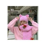Smyy Pembe Kedili Puffy Peluş Şapka (Atkı Dahil Değildir)