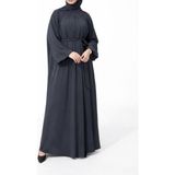 Sn Tesettür Giyim Mira Model Büzgülü Elbise Antrasit 46-50 Büyük Beden Kuşaklı Ithal Mısır Medine Ipeği 145 cm Hac Umre Uygun Elbise - 46 - 50