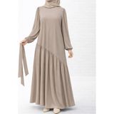 Sn Tesettür Giyim Nida Model Çapraz Büzgülü Tesettür Elbise Bej 38-42 Kuşaklı İthal Mısır Medine İpeği 145 cm - 38 - 42