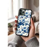 Snacase Apple iPhone 11 Pro Max ile Uyumlu Mavi Çiçek Deseni Glossy Premium Silikon Kılıf