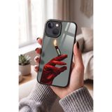 Snacase Apple iPhone 15 ile Uyumlu Ruj Alev Eldiven Tasarımlı Glossy Premium Kılıf, Silikon, Siyah