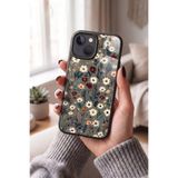 Snacase Apple iPhone 15 Plus ile Uyumlu Papatya Çiçek Desenleri Tasarımlı Glossy Premium Kılıf, Silikon, Siyah