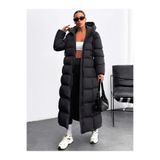 Snatch Kadın Siyah Uzun Şişme Mont Kapüşonlu Oversize Tam Boy Kışlık Kaban