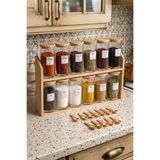 Snippy Fredo - 2 Katlı Bambu Standlı 12'li Baharatlık Seti Bambu Vakum Kapaklı Etiketli Organizer Kaşık Etiket Hediyeli Standı Baharatlık 290ML
