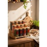Snippy Lunver - 12'li Ahşap Standlı Vakumlu Etiketli Akrilik Saklama Kabı Baharatlık Seti 350 ml