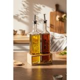 Snippy Olea - 2'li Ahşap Yüksek Standlı Cam Zeytinyağı Şişesi Yağdanlık Damlatmaz Yağlık Sirkelik 500ml