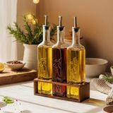 Snippy Olea - 3'lü Ahşap Uzun Katlı Standlı Cam Zeytinyağı Şişesi Yağdanlık Damlatmaz Yağlık Sirkelik 500ML - Kahverengi - Şeffaf