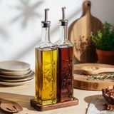Snippy Safir - 2'li Ahşap Standlı Cam Zeytinyağı Sıvıyağ Şişesi Yağdanlık Damlatmaz Yağlık Sirkelik 500ML
