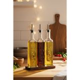 Snippy Safir - Ahşap Standlı 3'lü Cam Damlatmaz Yağlık Sirkelik Zeytinyağı Sıvıyağ Şişesi Yağdanlık 500ML