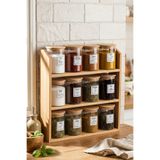 Snippy Spice - 3 Katlı Bambu Standlı 12'li Baharatlık Seti Bambu Vakum Kapaklı Etiketli Cam Baharat Takımı Bambu Organizer