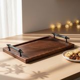 Snippy Tray - Metal Kulplu Ahşap Tepsi Sunum Tepsisi Kahve Servis Tepsisi - Siyah - Ahşap