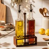 Snippy Verra - 2'li Ahşap Tutmalı Standlı Cam Yağdanlık Damlatmaz Yağlık Sirkelik Zeytinyağı Şişesi 500ML - Kahverengi - Şeffaf