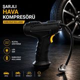 Sns Ticaret Şarjlı Hava Kompresörü 150 Psı Dijital Ekranlı Taşınabilir Lastik Şişirme Pompası USB Şarjlı LED Işıklı - Siyah