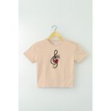 So Cool Bej Renk Crop T-Shirt Müzik Nota Sol Anahtarı Music Baskılı Kadın Tişört Baby Tee
