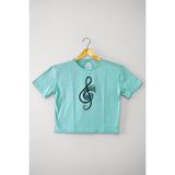 So Cool Mint Yeşil Renk Crop T-Shirt Müzik Nota Sol Anahtarı Music Baskılı Kadın Tişört Baby Tee
