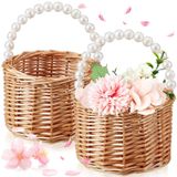 Soaoo 2 Adet Düğün Rattan Çiçek Kız Sepeti İnci Hasır Çiçek Kız Sepetleri Dekoratif Vintage Küçük Sepet Saplı Ülke Bahçe Sepeti Paskalya Şekeri Dış Mekan Piknik İç Mekan Ev Dekorasyonu için