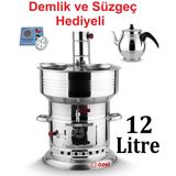 sobapark 12 Litre Paslanmaz Krom Odunlu Kömürlü Çay Semaveri Odunlu Kömürlü Semaver DEMLİK HEDİYELİ 12+1 Lt
