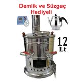 sobapark 12 Litre Paslanmaz Metal Odunlu Kömürlü Çay Semaveri Büyük Çift Musluklu DEMLİK HEDİYELİ Semaver 12