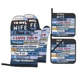 Socira to My Wife Fırın Eldiveni ve Tencere Tutucu Setleri, Isıya Dayanıklı Fırın Eldivenleri ve Eşiniz için Sıcak Pedler, Kaymaz Kalın 4 Parça Mikrodalga Eldiven ve Mutfak Pişirme Izgara Desteği için