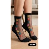 SOCKSHION Kadın Siyah Tül Çorap - Renkli Çiçek Nakışlı Soket Çorap Seti