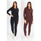 Soft & Basic Kadın 2'li Uzun Kollu Bisiklet Yaka Atlet Premium Kumaş Tayt Alt-Üst Tayt Takım - Siyah - Kahverengi