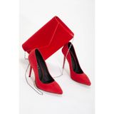 SOFT FASHION Kadın Kırmızı Süet Stiletto & Çanta Kombin Ince Yüksek Topuklu - Topuk 10 Cm