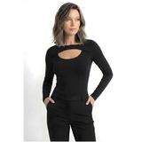 Soft Kumaş Asimetrik Göğüs Pencereli Uzun Kol Bluz, Siyah, S