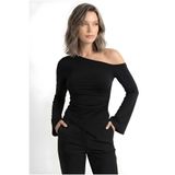 Soft Kumaş Bel Yandan Bağcıklı Kayıık Yaka İspanyol Kol Bluz, Siyah, L