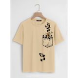 Soft Unisex Oversize Bisiklet Yaka Climbing Panda Baskılı Basic T-Shirt - BEJ