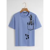 Soft Unisex Oversize Bisiklet Yaka Climbing Panda Baskılı Basic T-Shirt - MAVİ