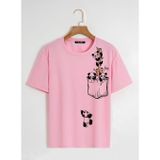 Soft Unisex Oversize Bisiklet Yaka Climbing Panda Baskılı Basic T-Shirt - PEMBE