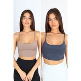 Softandbasic Kadın 2'li Comfortlux Fit Askılı Spor Sütyeni Spor Bralet - Kahverengi - Mavi