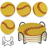 Softball Bardak Altlığı 4'lü Set, Seramik Emici Bardak Altlığı, Tutucu ve Mantar Tabanlı İçecekler için, Ahşap Masa Üstü Koruma için Yuvarlak Bardak Altlıkları, Bardak Çeşitleri için Uygun, Softbol