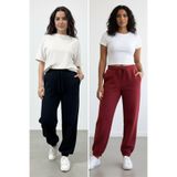 soft&basic Kadın Mevsimlik Geniş Kalıp Paça Lastikli Salaş Yüksek Bel Eşofman Altı Siyah - Bordo M Pantolon SB-0051-2