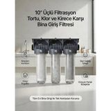 SoftHydra 10 İnç Bina ve Daire Girişi Su Filtre Sistemi - Sayaç Arkası 3'lü Koruma Paketi - Yıkanabilir Sediment + CTO Karbon + Silifoz Kireç Önleyici Filtre Seti - Şeffaf - Siyah