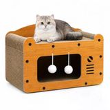 Sogud Kedi Tırmalama Evi - Ahşap Kedi Oyun Evi 56X27x30 Cm - Karton Tırmalama Tahtalı Uyku Yuvası - Sallanan Top Oyuncaklı Tek Katlı Evcil Hayv
