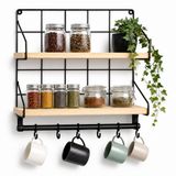 SOGUD Mutfak Rafı - 2 Katlı Baharatlık ve 6'li Kupa Askısı - Duvar Tipi Metal Ahşap Mutfak Düzenleyici - 40x30x10 cm - Çay Kahve Organizeri - Çivi ve Vida Dahil Değildir
