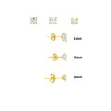 Söğütlü Silver 925 Ayar Gümüş Altın Kaplama 3'lü Tekli Kombin Set Kare Princess Kesim Taşlı Minimal Küpe (3-4-5 mm)