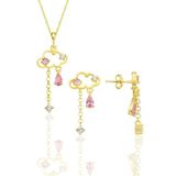 Söğütlü Silver Gümüş altın yaldızlı pembe zirkon taşlı bulut kolye ve küpe ikili set [barcode]