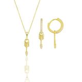 Söğütlü Silver Gümüş altın yaldızlı zirkon taşlı ok kolye ve küpe ikili set [barcode]