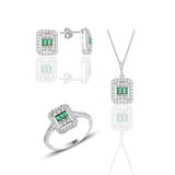 Söğütlü Silver Gümüş beyaz altın rodyumlu baget kesim kök zümrüt taşlı çizgili üçlü set 14
