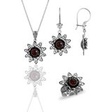 Söğütlü Silver Gümüş kök yakut taşlı nilüfer modeli telkari işlemeli kolye küpe ve yüzük üçlü set [barcode]