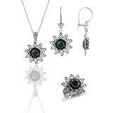 Söğütlü Silver Gümüş kök zümrüt taşlı nilüfer modeli telkari işlemeli kolye küpe ve yüzük üçlü set [barcode]
