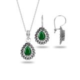 Söğütlü Silver Gümüş Kök Zümrüt Taşlı Oksitli Telkari Işlemeli Damla Kolye ve Küpe Ikili Set SGTL12734YESIL